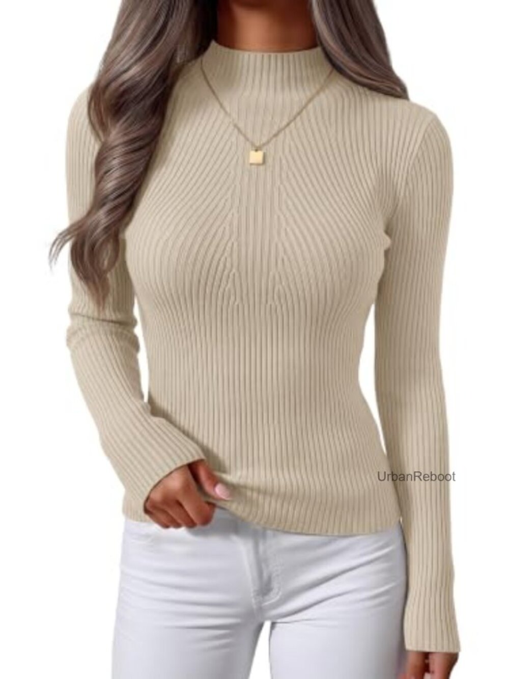 Ribbed Knit Mock Turtleneck Long Sleeve Slim Fit Pullover Sweater